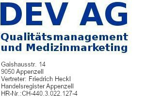 Anschrift der DEV AG, Gaishausstr. 14, 9050 Appenzell, Schweiz